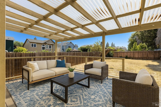 404 Mellowood Ct, Suisun City, CA 94585 - fenced backyard with an outdoor living space, a pergola, and a residential view