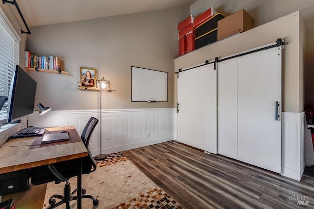 29 Pine Tree Cir, Cotati, CA 94931 - office with a barn door, wood finished floors, and a wainscoted wall