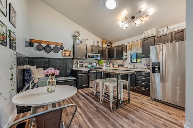 29 Pine Tree Cir, Cotati, CA 94931 - kitchen featuring appliances with stainless steel finishes, lofted ceiling, wood finished floors, dark brown cabinets, and light countertops