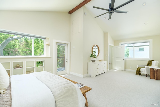 210 San Francisco Blvd, San Anselmo, CA 94960 - bedroom with high vaulted ceiling, access to outside, beam ceiling, light colored carpet, and ceiling fan
