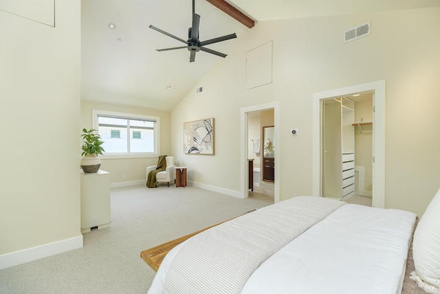 210 San Francisco Blvd, San Anselmo, CA 94960 - bedroom featuring beamed ceiling, high vaulted ceiling, light carpet, a spacious closet, and a ceiling fan