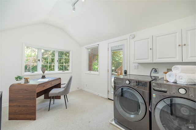 210 San Francisco Blvd, San Anselmo, CA 94960 - laundry room with cabinet space, washer and dryer, light colored carpet, a desk, and rail lighting