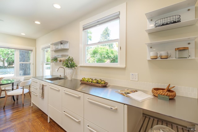 210 San Francisco Blvd, San Anselmo, CA 94960 - kitchen with open shelves, stainless steel countertops, recessed lighting, white cabinets, and wood finished floors