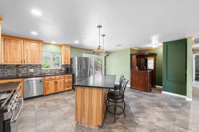 216 Walnut St, Suisun City, CA 94585 - kitchen with appliances with stainless steel finishes, dark countertops, tasteful backsplash, a kitchen bar, and a kitchen island