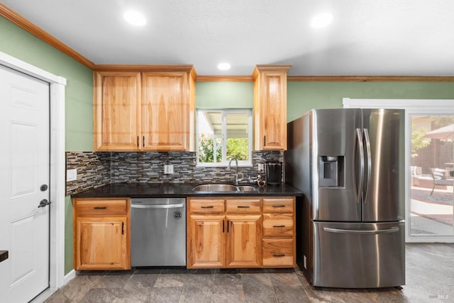 216 Walnut St, Suisun City, CA 94585 - kitchen with stainless steel appliances, dark countertops, tasteful backsplash, ornamental molding, and recessed lighting