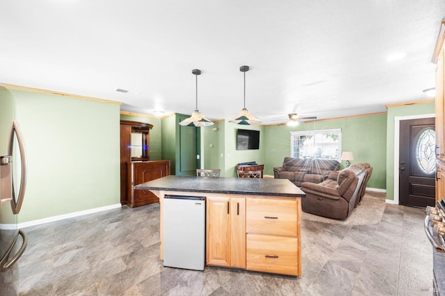 216 Walnut St, Suisun City, CA 94585 - kitchen with open floor plan, freestanding refrigerator, light brown cabinetry, dark countertops, and ornamental molding
