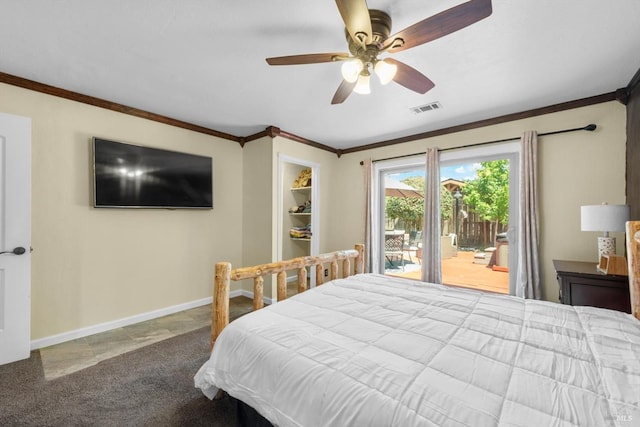 216 Walnut St, Suisun City, CA 94585 - carpeted bedroom featuring access to exterior, ornamental molding, and ceiling fan