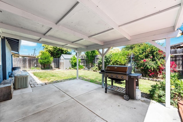 216 Walnut St, Suisun City, CA 94585 - fenced backyard featuring a shed, a patio area, and area for grilling