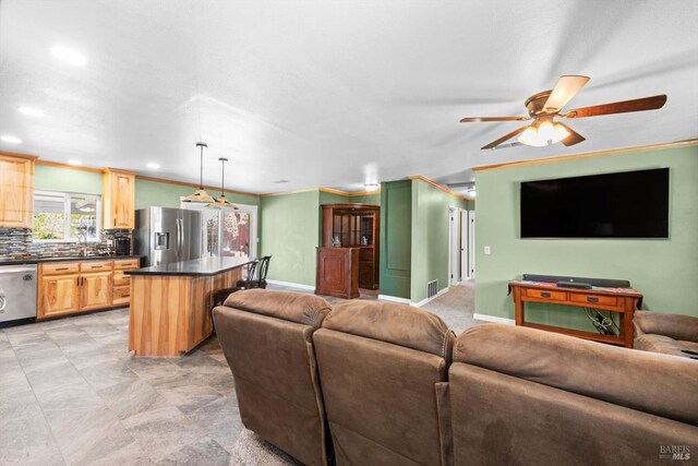 216 Walnut St, Suisun City, CA 94585 - living room with a ceiling fan, crown molding, and recessed lighting