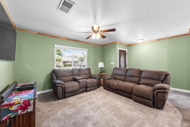 216 Walnut St, Suisun City, CA 94585 - carpeted living room featuring crown molding, ceiling fan, and a textured ceiling
