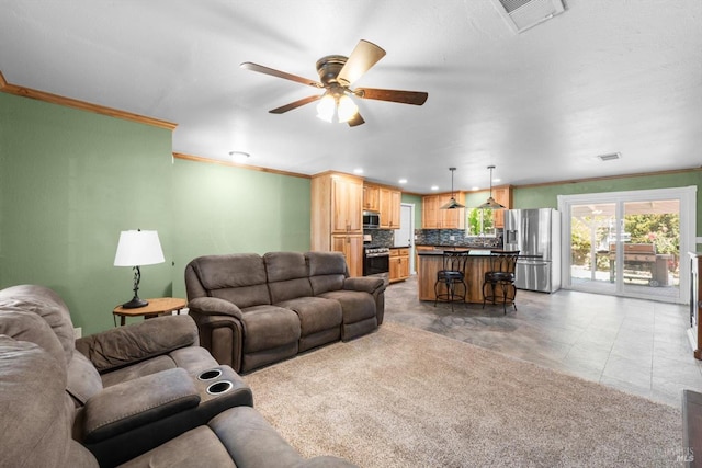 216 Walnut St, Suisun City, CA 94585 - living room featuring crown molding, a ceiling fan, and recessed lighting