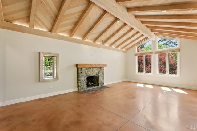 11018 Moonshine Rd, Sebastopol, CA 95472 - unfurnished living room with healthy amount of natural light, finished concrete floors, beamed ceiling, a fireplace, and high vaulted ceiling