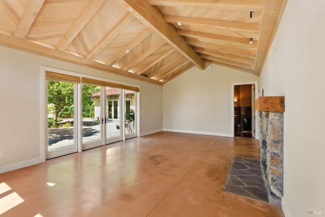 11018 Moonshine Rd, Sebastopol, CA 95472 - unfurnished living room with finished concrete floors, a wooden ceiling with exposed beams, and high vaulted ceiling