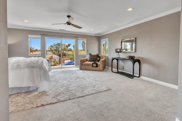 1130 W 9th St, Benicia, CA 94510 - carpeted bedroom featuring access to outside, crown molding, recessed lighting, and ceiling fan