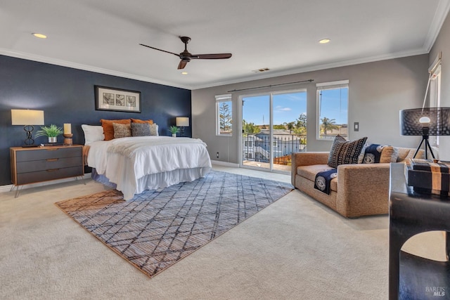1130 W 9th St, Benicia, CA 94510 - carpeted bedroom featuring access to outside, ornamental molding, recessed lighting, and a ceiling fan