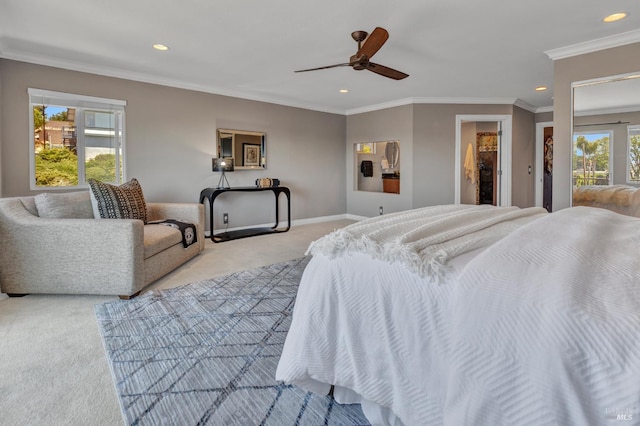 1130 W 9th St, Benicia, CA 94510 - bedroom with light carpet, recessed lighting, a ceiling fan, and crown molding