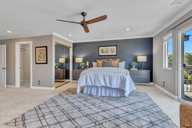 1130 W 9th St, Benicia, CA 94510 - bedroom with light colored carpet, access to exterior, recessed lighting, crown molding, and a ceiling fan