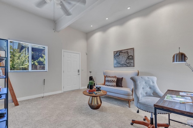 1130 W 9th St, Benicia, CA 94510 - office featuring beamed ceiling, carpet flooring, ceiling fan, a towering ceiling, and recessed lighting