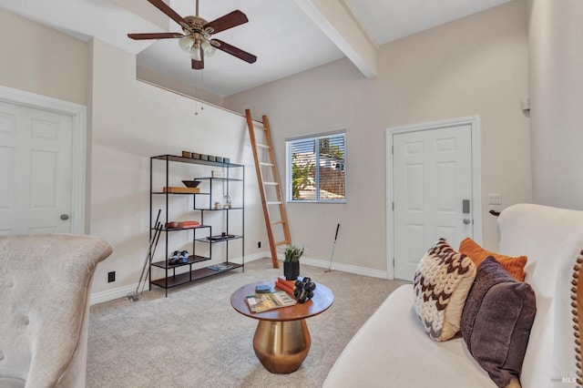 1130 W 9th St, Benicia, CA 94510 - carpeted living room featuring ceiling fan and beam ceiling