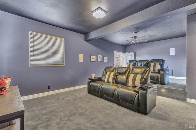 1130 W 9th St, Benicia, CA 94510 - home theater with carpet floors, a ceiling fan, and beamed ceiling
