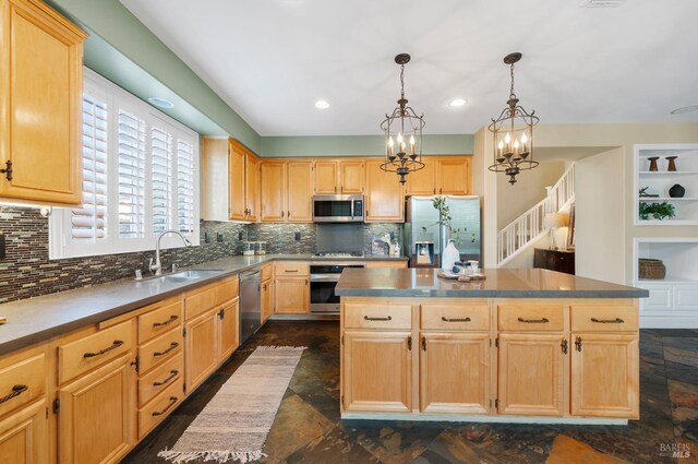 479 Jasper Ct, Benicia, CA 94510 - kitchen with appliances with stainless steel finishes, light brown cabinets, a kitchen island, backsplash, and pendant lighting
