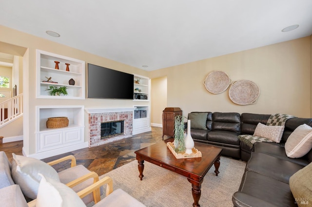 479 Jasper Ct, Benicia, CA 94510 - living area featuring built in shelves and a brick fireplace