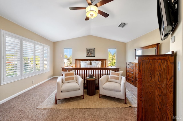 479 Jasper Ct, Benicia, CA 94510 - bedroom with light carpet, vaulted ceiling, multiple windows, and a ceiling fan