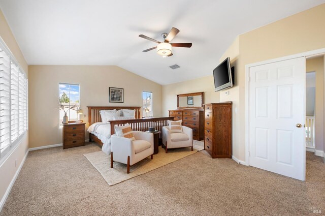 479 Jasper Ct, Benicia, CA 94510 - bedroom featuring carpet, multiple windows, lofted ceiling, and ceiling fan