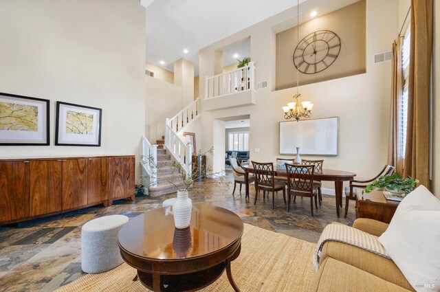 479 Jasper Ct, Benicia, CA 94510 - living area featuring a high ceiling, stairway, a chandelier, and recessed lighting
