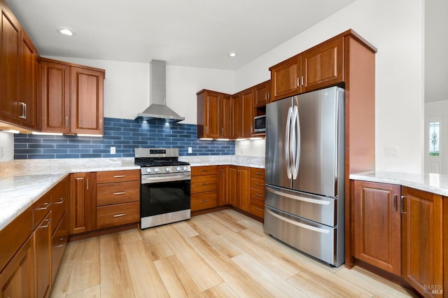 2290 Woolsey Rd, Fulton, CA 95439 - kitchen featuring stainless steel appliances, exhaust hood, light wood-type flooring, decorative backsplash, and light stone counters