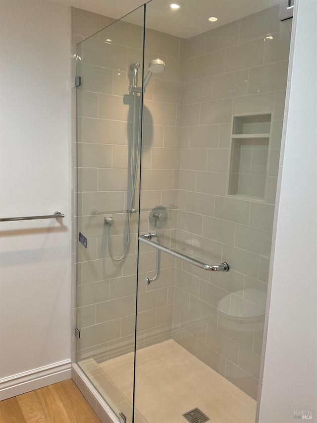 164 Oak Island Dr, Santa Rosa, CA 95409 - bathroom with a stall shower, wood finished floors, and recessed lighting