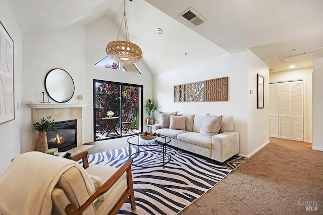 204 Foss Creek Cir Unit B, Healdsburg, CA 95448 - carpeted living area with a fireplace, high vaulted ceiling, attic access, and recessed lighting