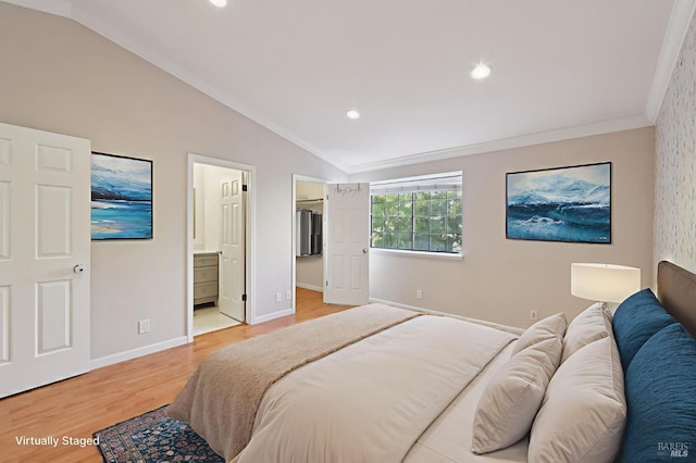 1255 Oak Ridge Ln, Pinole, CA 94564 - bedroom with light wood-type flooring, vaulted ceiling, ornamental molding, a walk in closet, and recessed lighting