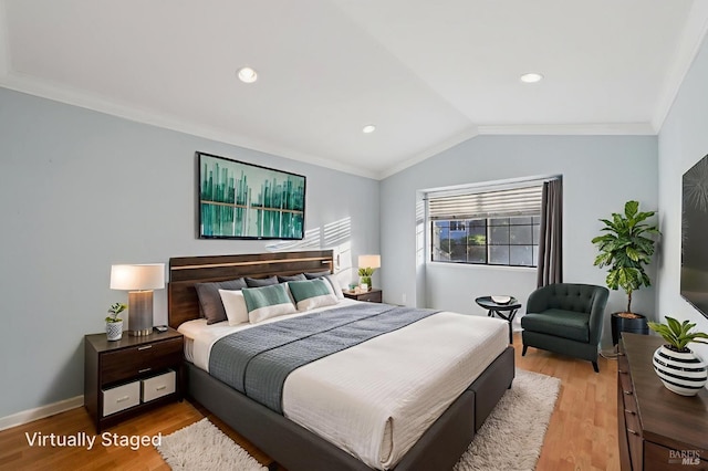 1255 Oak Ridge Ln, Pinole, CA 94564 - bedroom with light wood finished floors, crown molding, vaulted ceiling, and recessed lighting