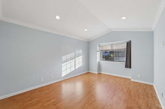 1255 Oak Ridge Ln, Pinole, CA 94564 - empty room with light wood-style floors, crown molding, vaulted ceiling, and recessed lighting