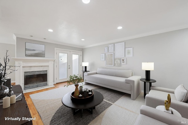 1255 Oak Ridge Ln, Pinole, CA 94564 - living room with light wood-style floors, a high end fireplace, recessed lighting, and crown molding