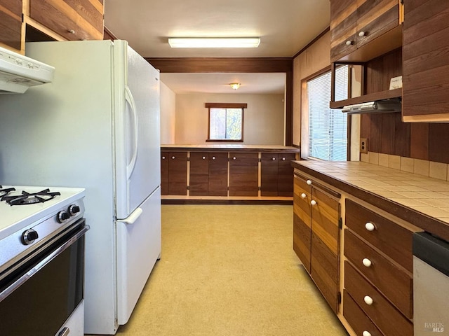 716 Mountain View Ave, Petaluma, CA 94952 - kitchen featuring range hood, gas range gas stove, tile countertops, stainless steel dishwasher, and open shelves