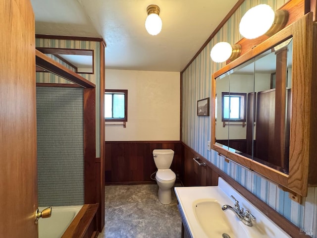 716 Mountain View Ave, Petaluma, CA 94952 - full bathroom with wainscoting, plenty of natural light, vanity, a bath, and wood walls