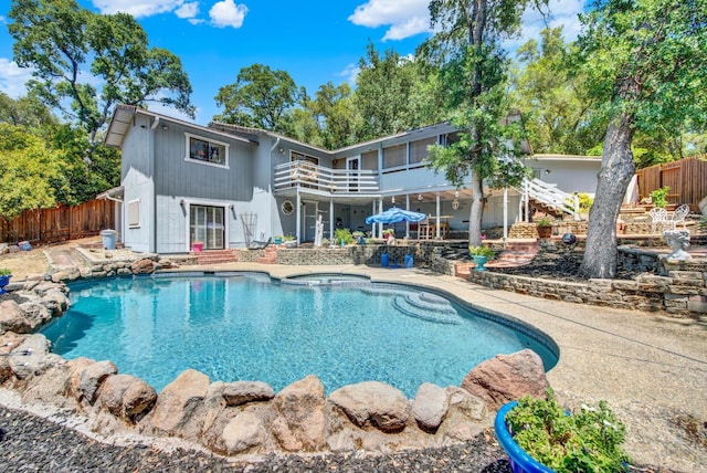 2588 King Edward Ct, El Dorado Hills, CA 95762 - view of pool featuring an in-ground hot tub, a fenced backyard, a patio area, and stairway