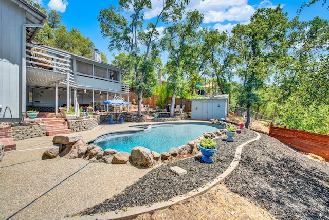 2588 King Edward Ct, El Dorado Hills, CA 95762 - view of pool featuring a shed, a patio, and a fenced backyard