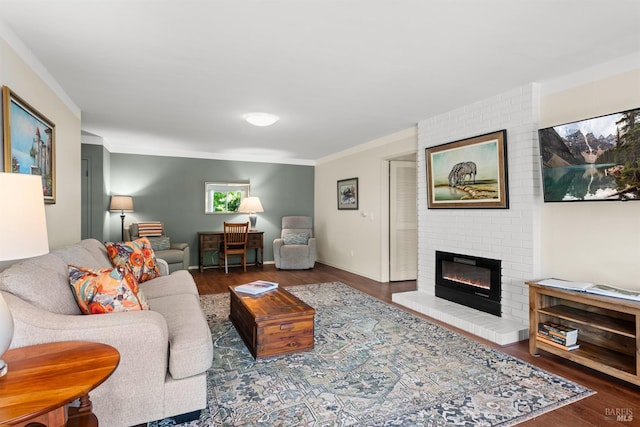 406 White Oak Dr, Santa Rosa, CA 95409 - living room featuring wood finished floors, a brick fireplace, and ornamental molding
