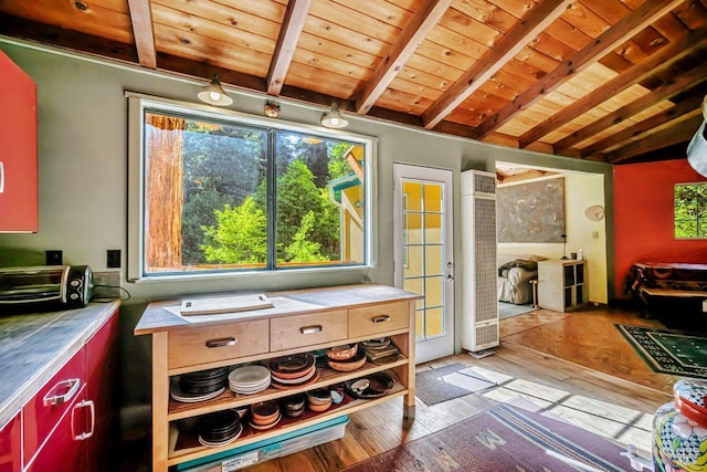 2685 Austin Creek Rd, Cazadero, CA 95421 - kitchen featuring wood ceiling, light wood finished floors, tile countertops, and a heating unit