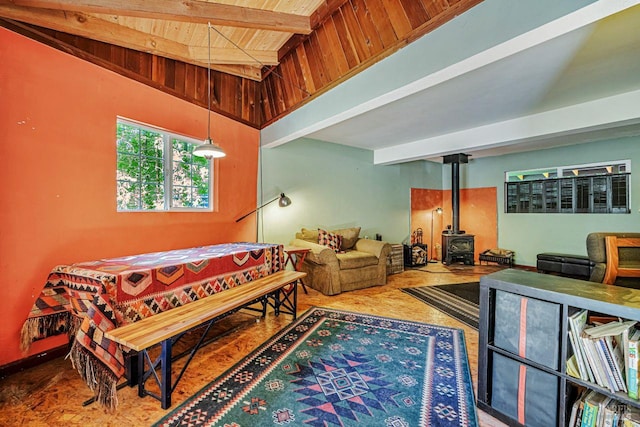 2685 Austin Creek Rd, Cazadero, CA 95421 - bedroom with a wood stove and a wood ceiling with exposed beams