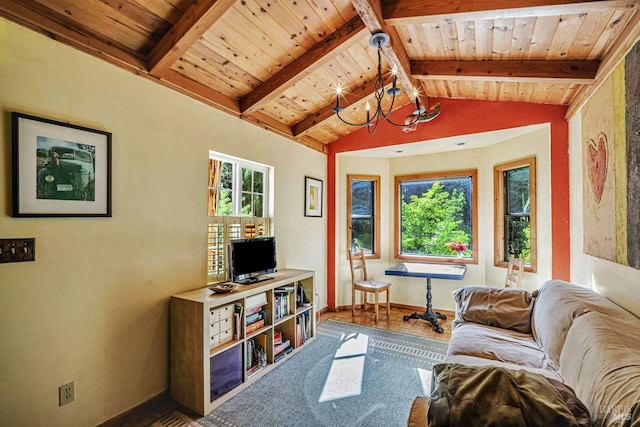2685 Austin Creek Rd, Cazadero, CA 95421 - living area with a chandelier, wood ceiling, and wood finished floors