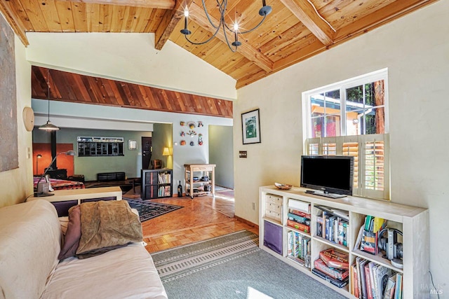 2685 Austin Creek Rd, Cazadero, CA 95421 - living room featuring wood ceiling and a chandelier