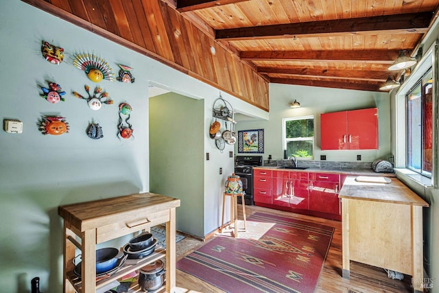 2685 Austin Creek Rd, Cazadero, CA 95421 - kitchen featuring black gas range oven, wooden ceiling, and light wood-style flooring