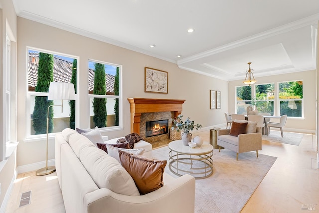 3439 Selene Ct, Santa Rosa, CA 95404 - living room with a fireplace, ornamental molding, recessed lighting, and a raised ceiling