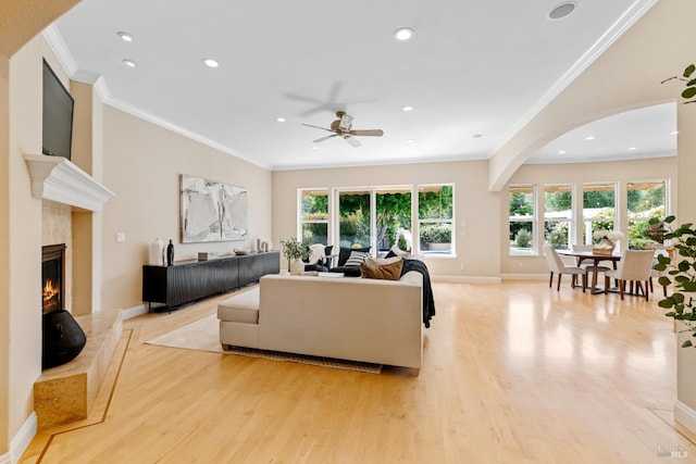 3439 Selene Ct, Santa Rosa, CA 95404 - living room featuring ornamental molding, light wood-style flooring, healthy amount of natural light, a ceiling fan, and recessed lighting