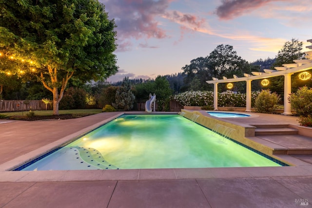 3439 Selene Ct, Santa Rosa, CA 95404 - view of pool with a water slide, an in-ground hot tub, a fenced backyard, and a patio