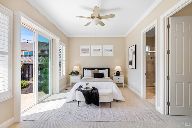 3439 Selene Ct, Santa Rosa, CA 95404 - bedroom featuring light carpet, ornamental molding, connected bathroom, access to exterior, and ceiling fan
